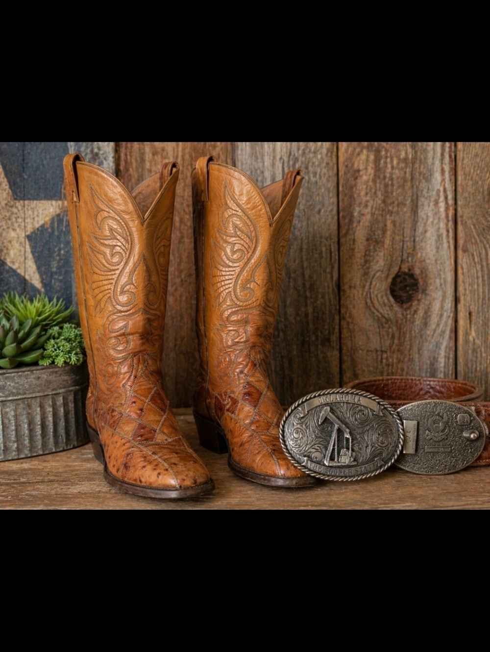 Vintage Ostrich  Leather Western Boots Mens 9.5D Womens 11 USA Made + Buckle - Picture 2 of 16